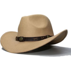 Vintage Vrouwen Mannen 100% Wol Brede Rand Cowboy Western Cowgirl Bolhoed Fedora Cap Koffie Lichtmetalen Bead Lederen Band 57 cm/Aanpassen