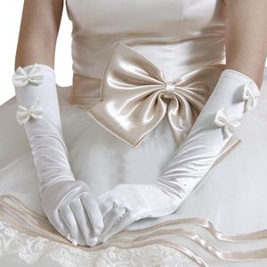 1 Paar Vrouwen Bridal White Wedding Lange Handschoenen Dubbele Strik Faux Pearl Decor Lengte Volledige Fingered Wanten Warmer Formele