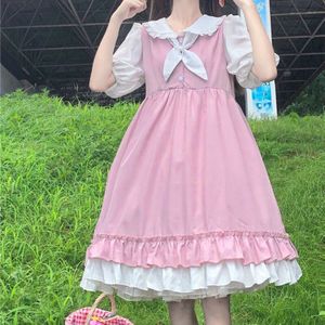 Japanse Zoete Panel Pop Kraag Bladerdeeg Mouw Hoge Taille Afslanken Thee Party Lolita Jurk Vrouwelijke Zomer School Meisje Uniform
