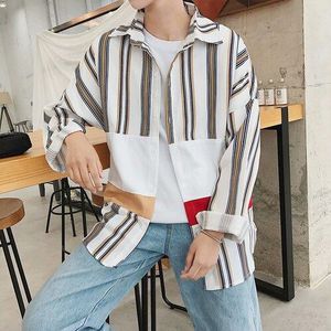 Mannen Turn-Down Kraag Lange Mouw Gestreepte Shirt Mens Koreaanse Simple Alle Match Mannetjes Ulzzang Kleding patchwork