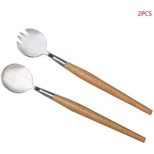 2 Pcs Salade Lepel Vork Met Lange Houten Handvat Set Rvs Dessert Fruit Keuken Servies Gereedschap