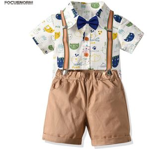 0-6Y Gentleman Baby Baby Jongens Kleding Set 3Pcs Vlinderdas Dier Print Korte Mouw Enkele Breasted Romper Bib Overalls shorts