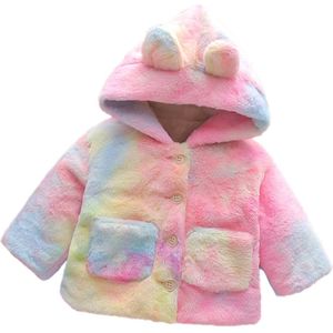 Focusnorm Winter Baby Kids Meisje Bont Wol Blends Coat Tie-Geverfd Print Lange Mouw Oren Hooded Enkele Knop Jas outfits 0-5Y