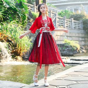 Vrouw Chinese Traditionele Hanfu Jurk Oude Elegante Borduurwerk Dans Slijtage Zomer Rode Fee Korte Mouwen Top Mesh Rok