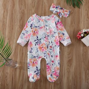 Lente Baby Meisje Bodysuits Een Stuk Bloemen Ruffle Lange Mouwen Jumpsuit Playsuit Met Hoofdband Pasgeboren Kleding 0-6M