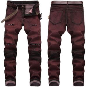 Mannen Slim Stretch Jeans Biker Gat Gescheurd Cowboy Broek Mannelijke Rode Wijn Broek