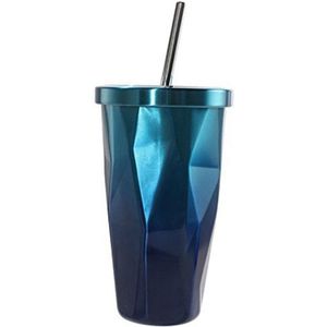 Rvs Beker Met Stro-Warm En Koud Dubbele Wand Drinkbekers Koffie Mokken 500Ml Onregelmatige Diamant Met deksel (Blauw)