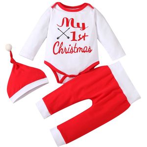 1st Kerst Baby Baby Jongen Meisje 3Pcs Outfit Sets Lange Mouw Romper Elastische Taille Broek Met Kerst Hoed Pyjama sets 6-24M