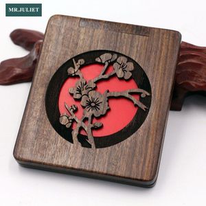 Sandelhout Kleine Spiegel Draagbare Vouwen Draagbare Dubbelzijdige Spiegel Houten Plum Style Hollow Reizen Make-Up Spiegel