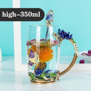 Creatieve Blauwe Rose Emaille Crystal Tea Cup Mok Vlinder Bloem Water Cups Clear Glas Voor Koude Dranken Met lepel Set