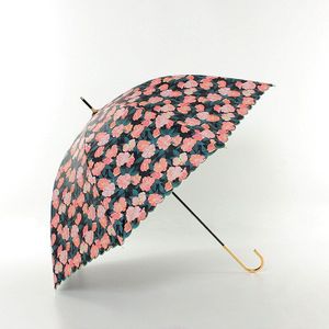 Kleine Bloemen Mode Vrouwen Paraplu Zwart Rubber Zon En Regen Dual-Purpose Parasol Lange Handvat Gebogen Haak Straight paraplu