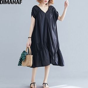 Dimanaf Plus Size Vrouwen Jurk Big Size Vrouwelijke Vestidos Losse Ruches Geplooide V-hals Elegante Dame Jurk Zwart Zomer 5XL 6XL