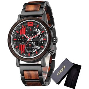 Legering & Hout Gecombineerd Band Horloges Mens Multifunctionele Chronograaf Quartz Kalender Horloge Unieke Staal Houten Klok Mannelijke Reloj