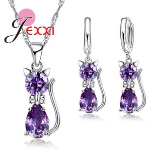 7 Kleuren Retail Romantische Engagement 925 Zilveren Leuke Kat Sieraden Sets Ketting Oorbellen Met Top Crystal Voor Vrouwen