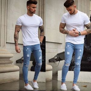 Mode Mannen Solid Ripped Skinny Biker Zipper Fly Jeans Vernietigd Hole Verzwakte Slim Fit Denim Potlood Broek