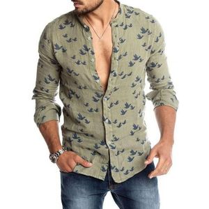 Lente Herfst Casual Mannen Pigeon Print Knoppen Lange Mouw Linnen Slanke Top Heren Kleding Trend Toevallige Slanke