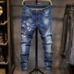 Heren Jeans Borduren Bloem Gat Ripped Slim Stretch Straight Leg Denim Broek Plus Size 38 Casual Rits Biker Broek Mannelijke