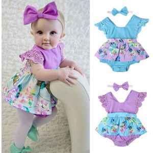 Baby Meisje Kinderkleding Zomer Bloemen Romper Jurk + Hoofdband Jumpsuit Outfits