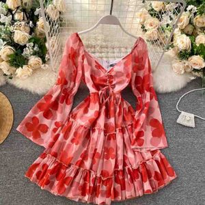 Yuoomuoo Ins Mode Bloemenprint V-hals Mini Jurk Vrouwen Hoge Taille A-lijn Chiffon Jurk Korte Cherry Rode Feestjurk Vestidos