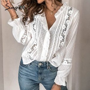 Simplee Lente Zomer Chic Witte Blouse Vintage Hollow Out Vrouw Office Dames Tops Casual Lace Lange Mouwen Korte Tops