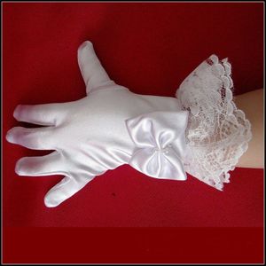 Mode Witte Kids Lace Satin Full Vinger korte Handschoenen voor Kant Parel Meisje Kinderen Party dress Handschoenen
