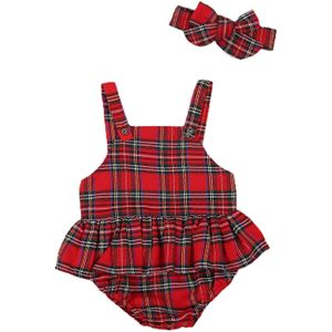 Focusnorm Kerst Baby Meisjes Jongens Party Bodysuits Een Stuk Mouwloze Ruches Plaid Print Backless Jumpsuits 0-24M