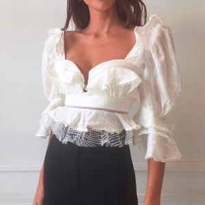 Twotwinstyle Vintage Patchwork Kant Overhemd Vrouwelijke Vierkante Kraag Puff Mouwen Hollow Out Ruches Korte Blouse Vrouwen Mode Kleding