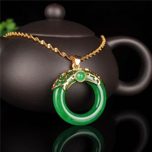 Chinese Groene Jade Ingelegd Veiligheid Gesp Hanger Kralen Ketting Charm Sieraden Mode Vrouw Geluk Amulet Trui Keten