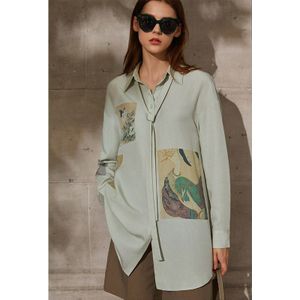 Amii Minimalisme Lente Zomer Vrouwen Shirt Tops Causale Vintage Gedrukt Revers Riem Losse Vrouwelijke Blouse 12140104