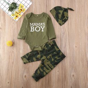 3Pcs 0-24M Herfst Kleding Peuter Baby Mama 'S Meisje Jongen Brief Print Lange Mouwen Romper Camouflage broek Outfits Hoofddeksels Of Hoed