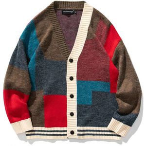 Aolamegs Mannen Vest Trui Herfst Japanse Retro Gebreide Trui Patchwork Knittedwear V-hals Winter Sweatercoat
