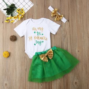 Gloednieuwe Pasgeboren Pasgeboren Baby Meisjes Verjaardag Lucky Outfits 3 PCS Brief 1 Print Wit Romper Tops + Kant tutu Rokken + Hoofdband