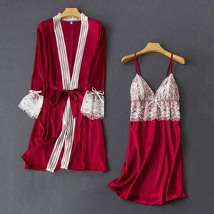 V-hals Sexy Robe Gown Sets Vrouwen Lace Sweet 2 Stuks Thuis Jurk Met Bra Intieme Nachtjapon Lente Herfst Faux Zijde nachtkleding