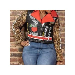 Afrikaanse Dames Dunne Streetwear Korte Pu Jas Jas Sexy Belted Brief Gedrukt Kleurblok Herfst Winter Faux Leren Jas