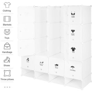 4 Layer Kledingkast Met Schoen Kast Kunststof Planken Kasten 16 Modulaire Cubes Opbergkast + 4 Schoen Cubes 165X147X36 Cm Hwc
