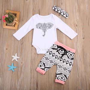 Pasgeboren Peuter Baby Meisjes Jongens Herfst Kleding Sets 3Pcs Lange Mouw Olifant Print Wit Romper + Lange Broek + hoofdband