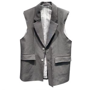 [Eam] Vrouwen Loose Fit Grijs Gestreepte Braam Split Joint Big Size Vest Revers Mouwloze Mode Tij Voorjaar herfst 1X803