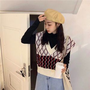 Gebreide Trui Vest Vrouwen Vintage Panelled Argyle Losse V-hals Studenten Eenvoudige All-Match Baggy Causale Street-Wear Chic harajuku