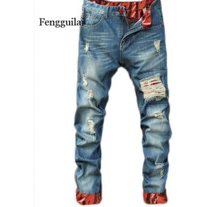 Autumn Retro Hole Jeans Men Ankle-Length Pants Cotton Denim Trouser Male Plus Size