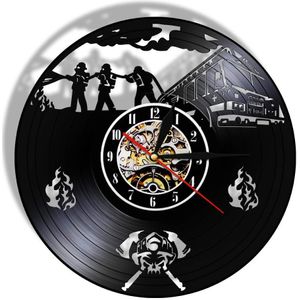 Brandweer Kantoor Vinyl Record Wandklok Moderne Vintage Brandbestrijding Redding Silhouet Led Licht Muur Horloge