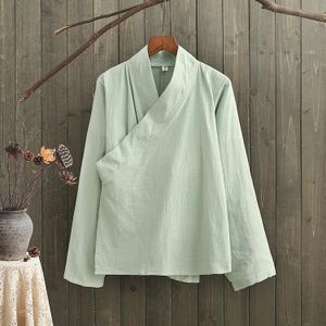 Nagodo Traditionele chinese shirt Katoen Chinese Stijl Linnen Top Retro Folk Thee Kleding Zen Blouses wit groen beige
