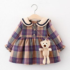 Met Beer Baby Meisjes Plaid Turn Down Kraag Hanger Herfst Kinderkleding Feestjurk Voor Meisje Winter Herfst