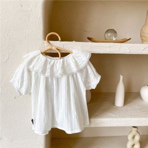 Zomer Baby Meisjes Witte Katoenen Shirts Ruches Kraag Koreaanse Stijl Tops Peuters Kids Ademend Blouses