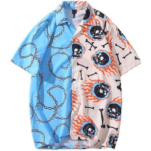 Bonita Vida Schedel Ketting Bot Print Patchwork Hawaiian Shirts Unisex Streetwear Hip Hop Casual Korte Mouw Harajuku Tops