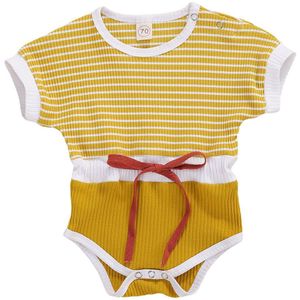 0-24M Pasgeboren Baby Meisjes Korte Mouw Rompertjes Baby Kleur Blok Streep Zomer Korte Jumpsuits Patchwork Outfits