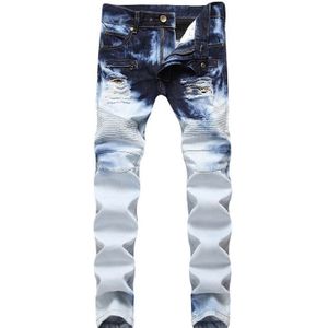 Moruancle Heren Blauw Wit Tie En Dye Slim Fit Katoenen Denim Biker Jeans Voor Moto Gat Gescheurd Broek