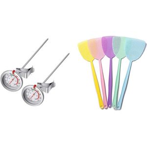 2 Stuks Rvs Lange Steel Frituren Thermometer Met Metalen Clip & 5Pcs Vliegenmepper, sterke Flexibele Handleiding Swat Set