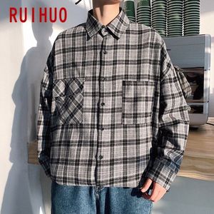 Ruihuo Plaid Mannelijke Casual Shirts Voor Mannen Grote Maat Lange Mouwen Heren Kleding Slim Fit m-2XL