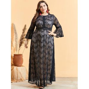 Black Lace Party Dress Vrouwen Herfst Drie Kwart Mouw Hoge Taille Casual Dress Plus Size Maxi Lange Jurken