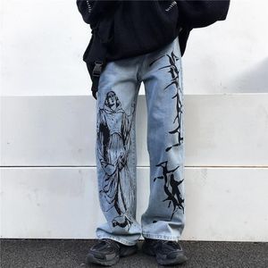 Herfst En Winter Broek Vrouwelijke Ins Dark Graffiti Drape Rechte Wijde Pijpen Broek Losse En Dunne Hoge Taille jeans Trend